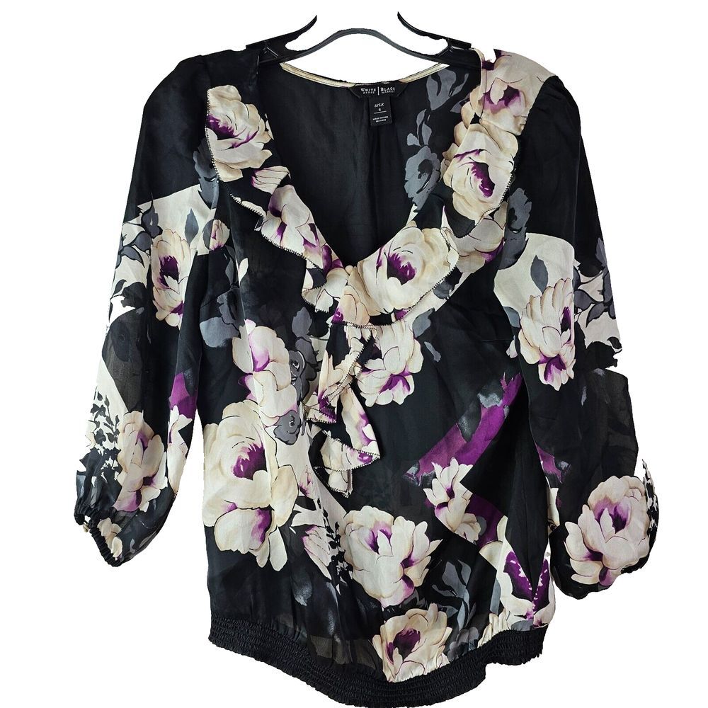 White House Black Market Women's Silk Floral Print Blouse Small Purple Ruffle LS